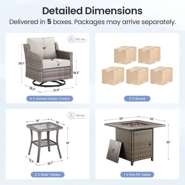 GlideRail Gray Wicker Fire Pit Conversation Set with Beige Olefin 4 in. Thick Cushions Patio Swivel Chairs (7-Piece)