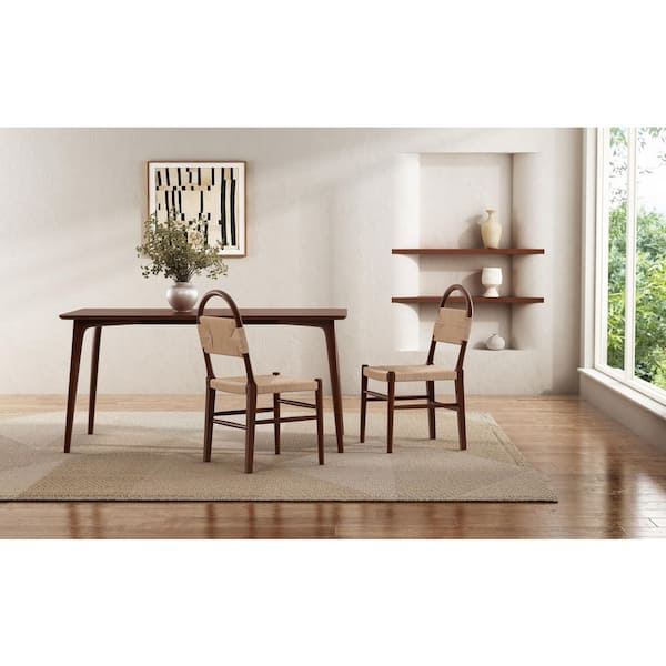 Brazos Walnut Solid Wood Modern Woven Indoor Dining Chair with Woven Rope Back, Set of 2