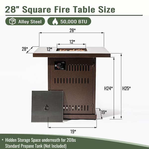 28 in. sq. Fire Pit Table Propane 40,000 BTU Outdoor Fireplace