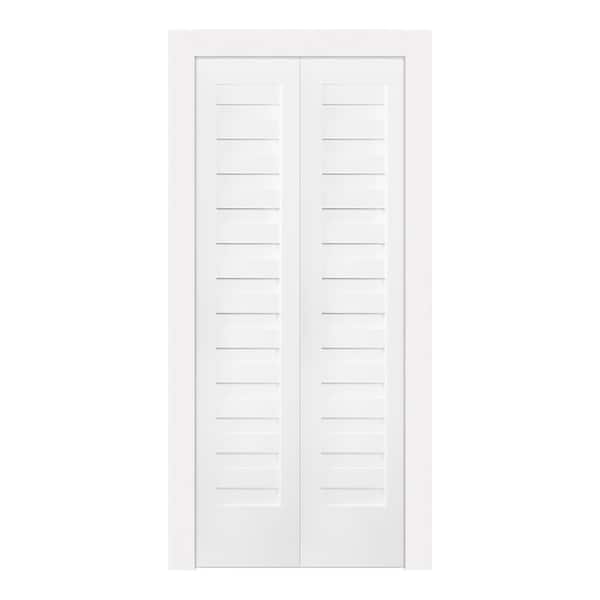 24 in. x 80 in. Shadow Louver Solid Core White Primed Smooth Wood Bi-fold Door with Hardware