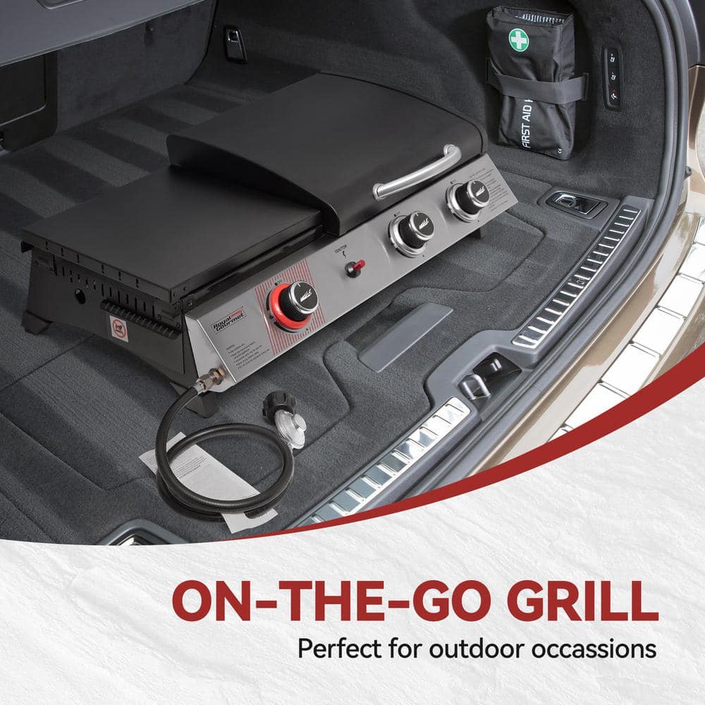 Silver and Black 3-Burner Portable Gas Griddle with Side Burner