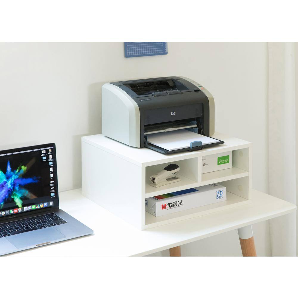 White Wood Compact Desktop Printer Stand with Storage