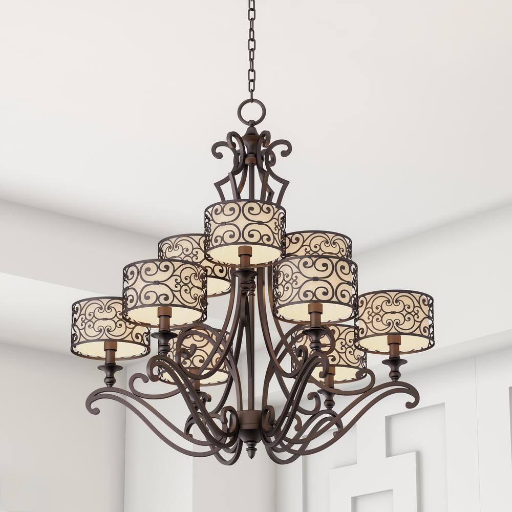 Umber Bronze 9-Light Drum Chandelier with Fabric Shades