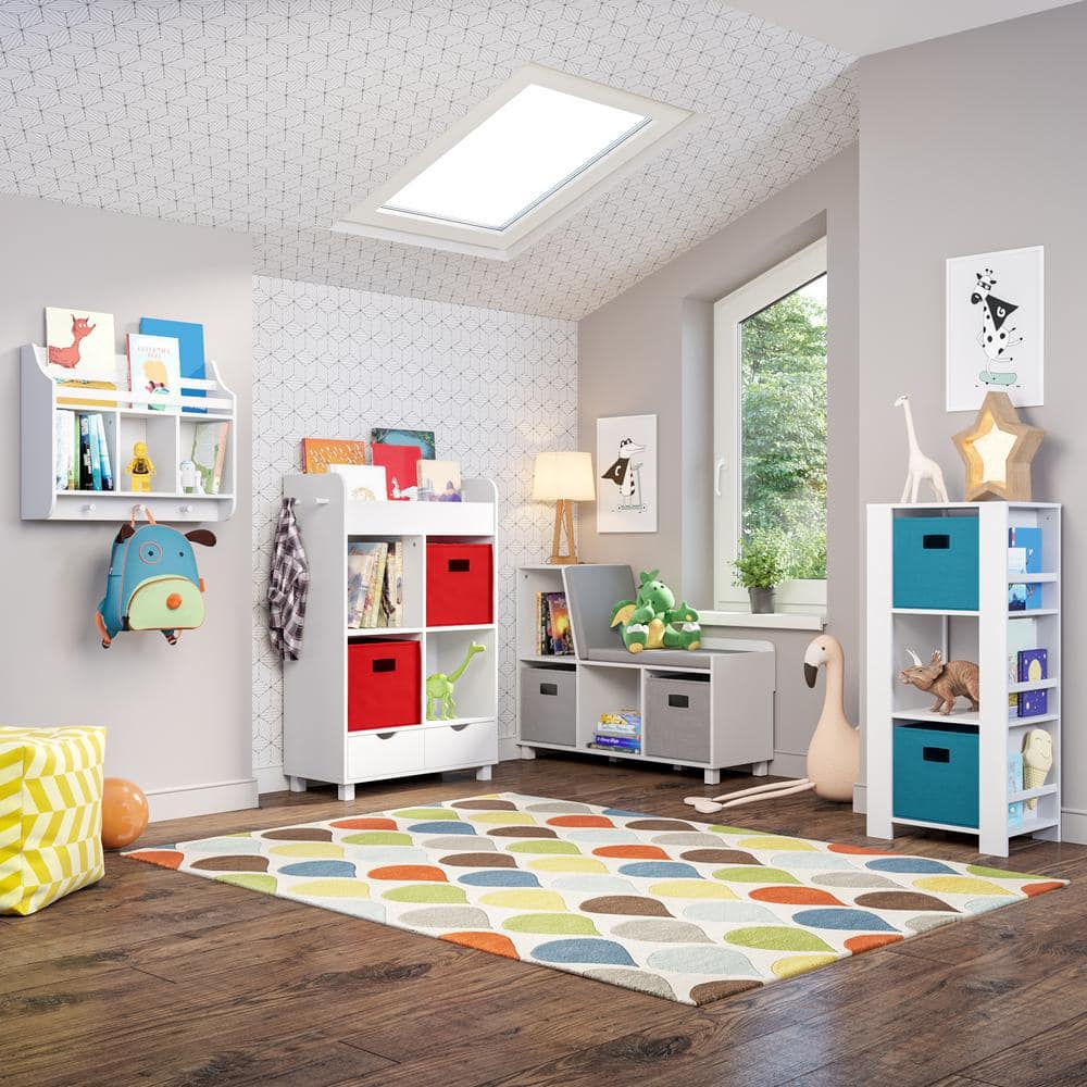 Kids' White and Golden Yellow Cubby Storage Tower with Bookshelves