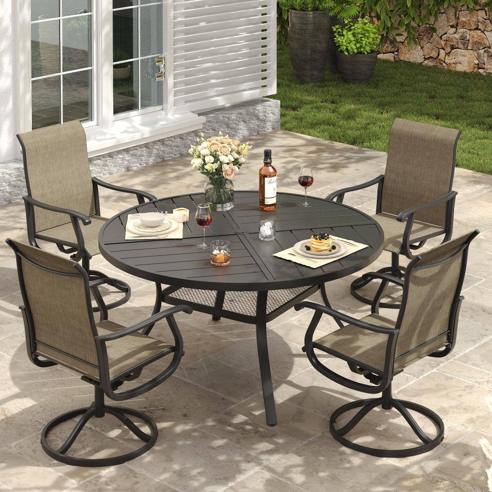5-Piece Metal Outdoor Patio Dining Set with Round Table and High Back Padded Textilene Swivel Chairs in Brown price history on PriceWatchPro