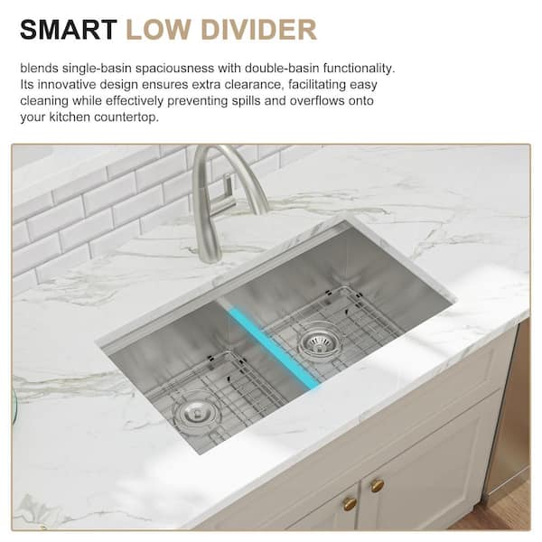 Logmey 30 in. Undermount Workstation Sink with Low Divide 16