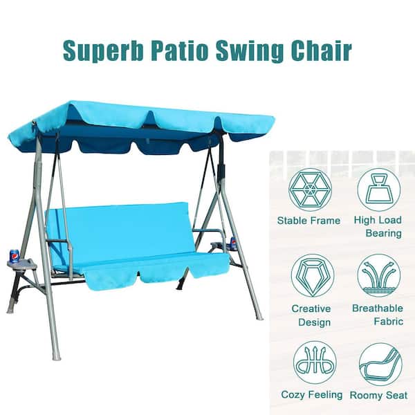 Flynama 3 Person Steel Frame Outdoor Patio Porch Swing Chair In Blue With Adjule Canopy Hm Qy Gsw003 Bl - Patio Swing Canopy Replacement Blue