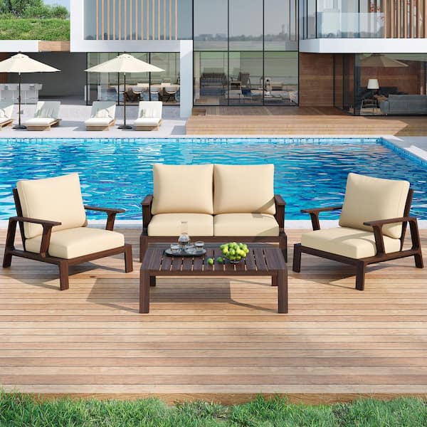 Sydni 4-Piece Outdoor Acacia Wood Patio Conversation Set with Beige Water-Resistant Cushions, Coffee Table, Dark Brown