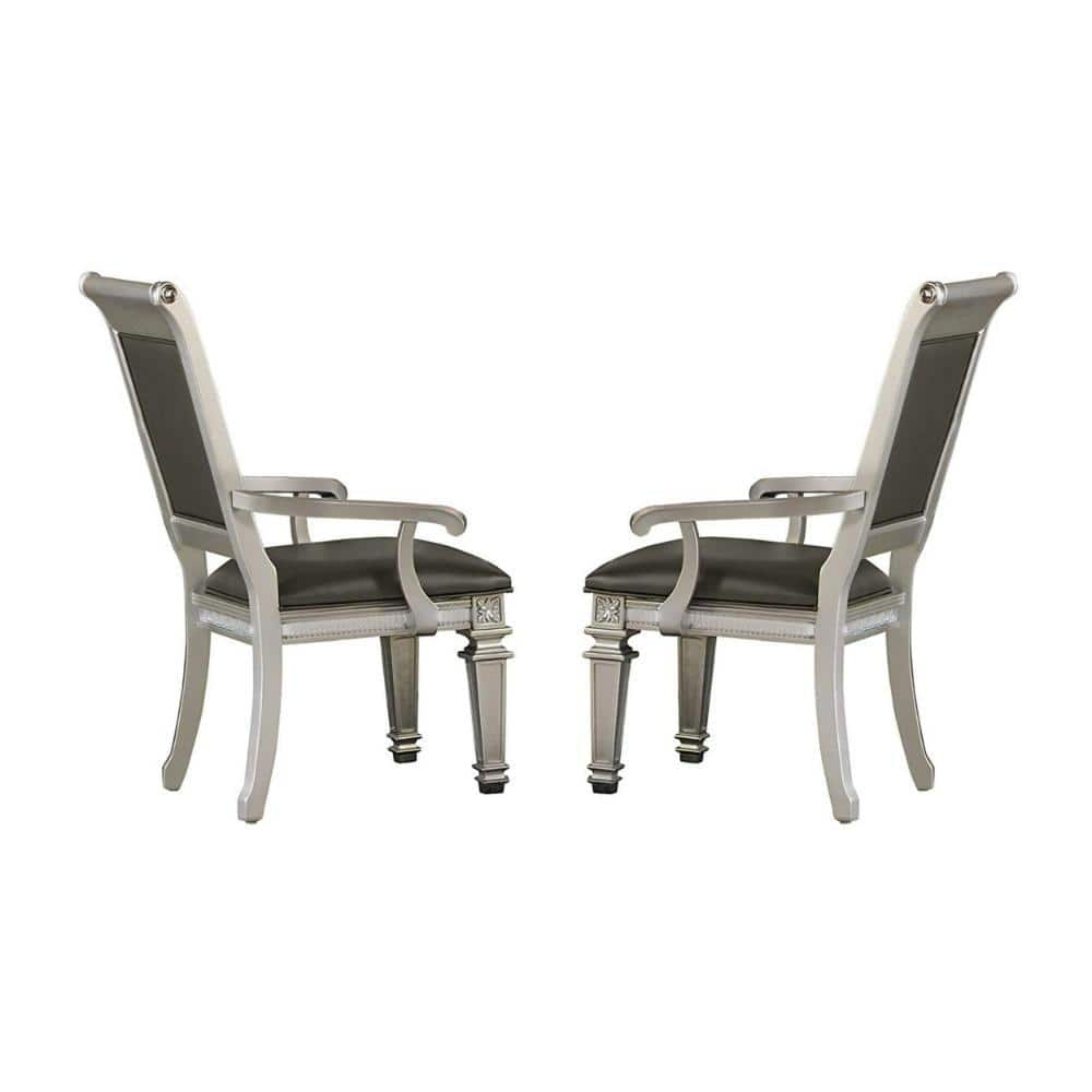 Gray And Silver Vegan Faux Leather Rolled Armrests Dining Armchair (Set of 2) -  Benjara, BM181905