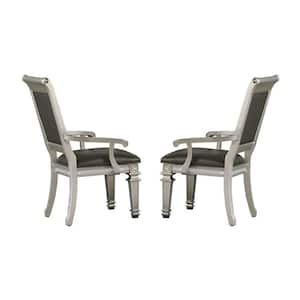 Gray And Silver Vegan Faux Leather Rolled Armrests Dining Armchair (Set of 2)