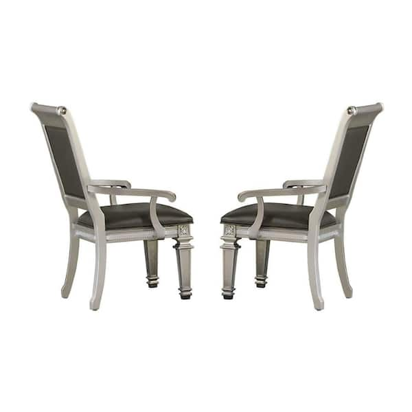 Benjara Gray And Silver Vegan Faux Leather Rolled Armrests Dining ...