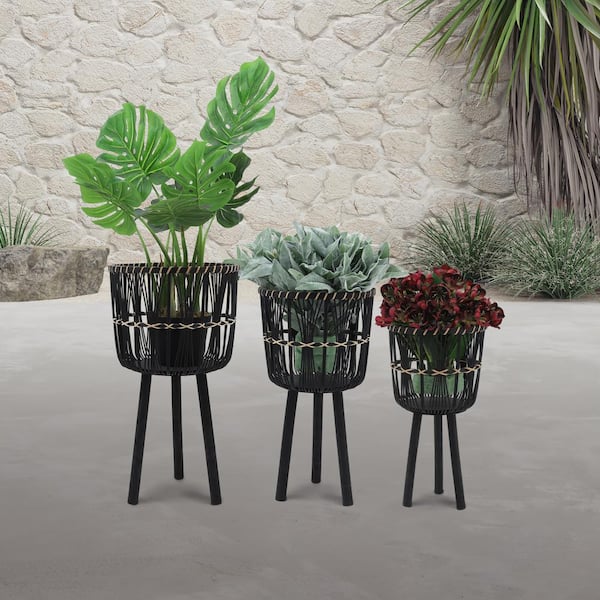 Set of 3 Bamboo Planters 19/23/26 in. for Garden, Patio, Entryway, Living Room, Plant Stand Outdoor Tall Plants, Black