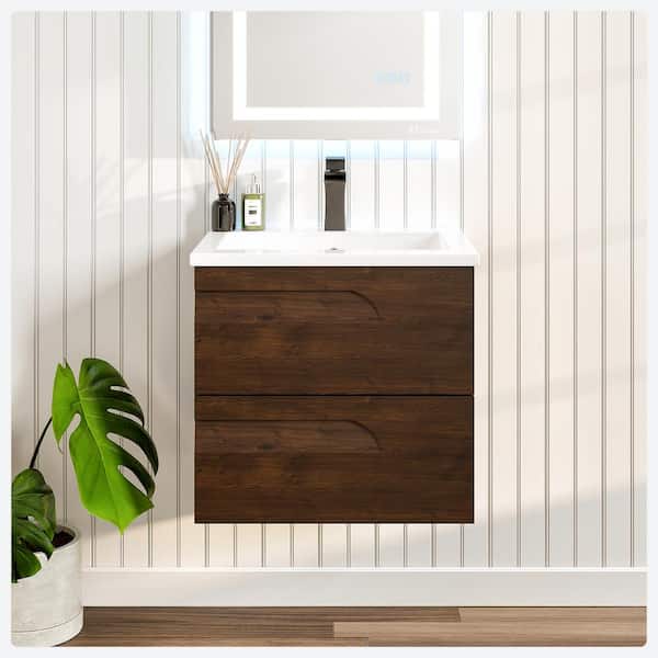 Eviva Joy 24 in. Single Sink Floating Rosewood Bath Vanity with White Porcelain Top (Assembled)