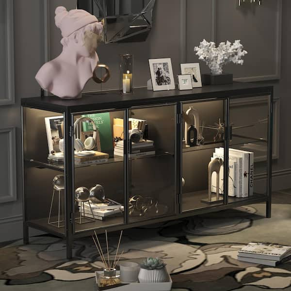 Black Wood 55.1 in. W Glass Door Display Cabinets Sideboard With Lights