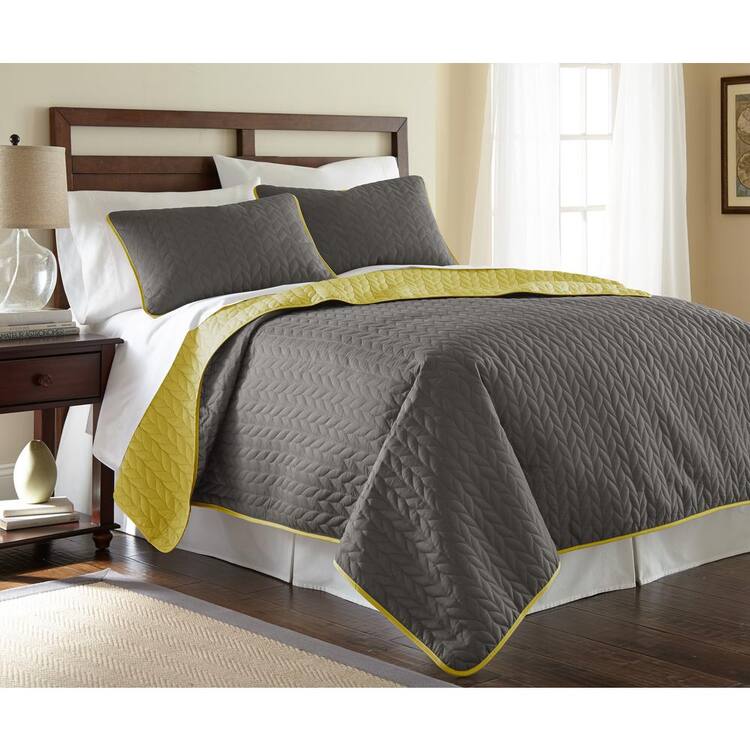 MODERN THREADS 3-Piece solid reversible coverlet set leaf steel gray king