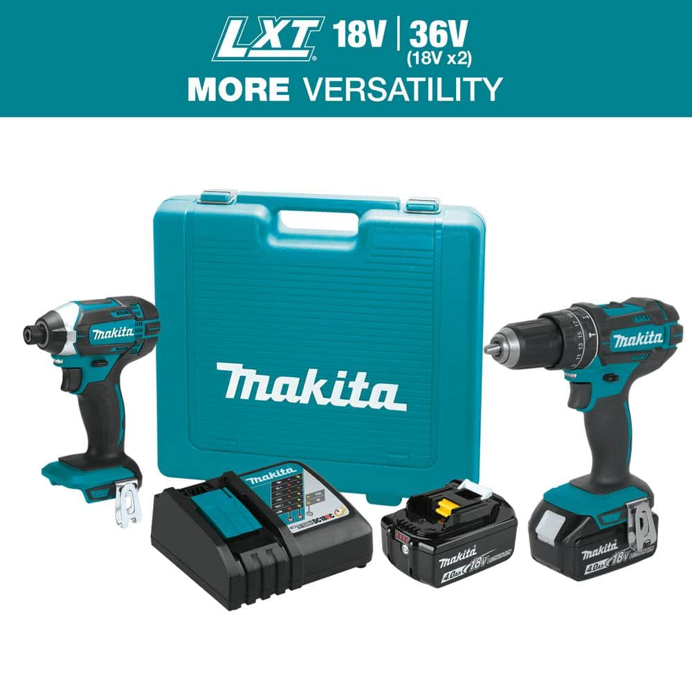 Makita 18V LXT Lithium Ion Cordless Combo Kit 2 Piece Hammer Drill Impact Driver w 2 Batteries 4.0Ah Charger Case XT261M The Home Depot