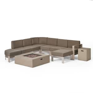Luca 9-Piece Aluminum Patio Fire Pit Sectional Seating Set with Khaki Cushions and Light Grey Fire Pit