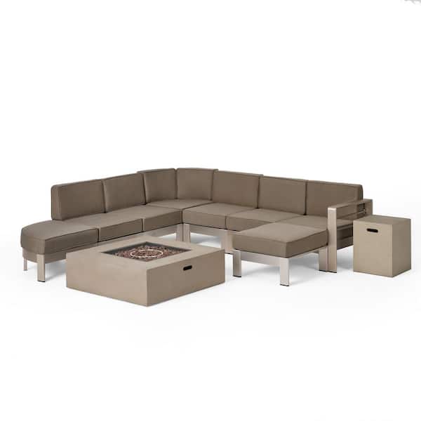 Noble House Luca 9-Piece Aluminum Patio Fire Pit Sectional Seating Set with Khaki Cushions and Light Grey Fire Pit