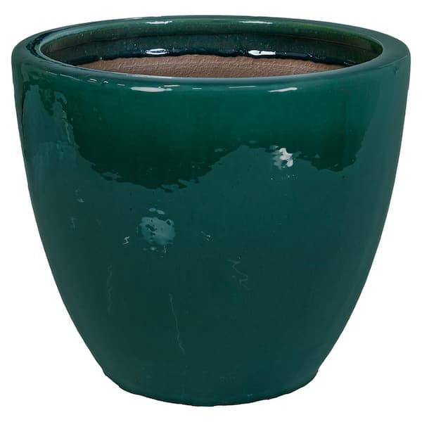 14.5 in. Resort High-Fired Glazed Ceramic Planter-Dark Green