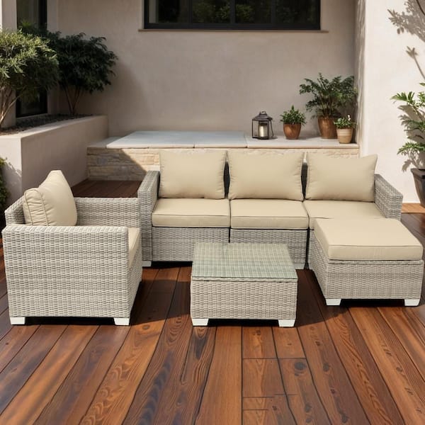 Zeus & Ruta 6-Piece Gray White Wicker Patio Outdoor Sectional Sofa Set with Field gray Cushions and 1 Coffee Table