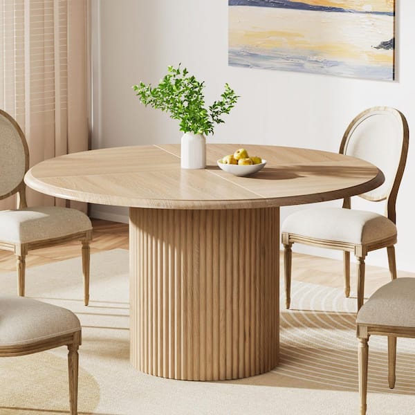 Roesler Farmhouse Light Brown Wood 47.2 in. Pedestal Dining Table for 4, Round Kitchen Table with Metal Base