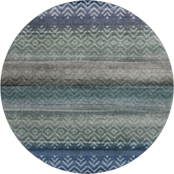 Mayfield Premium Machine Washable Abstract AMF2042 Blue 8 ft. x 8 ft. Round Rug