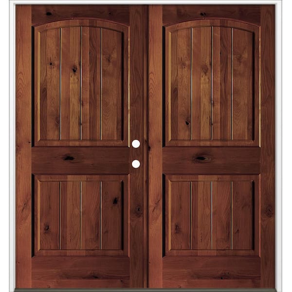 72 in. x 80 in. Rustic Knotty Alder Arch Top VG Left-Hand/Inswing BEHR Red Mahogany Stain Double Wood Prehung Front Door