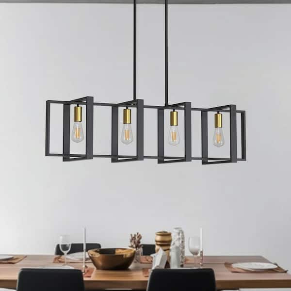 YANSUN 4-Light Black Industrial Rectangle Linear Island Chandelier Light, Farmhouse Pendant Light for Dining Room