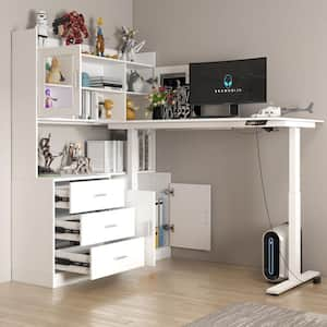 68.5 in. W L-shaped Writing Desk Adjustable Height Desk Home Office Workstation With Bookcase, Adjustable Shelves