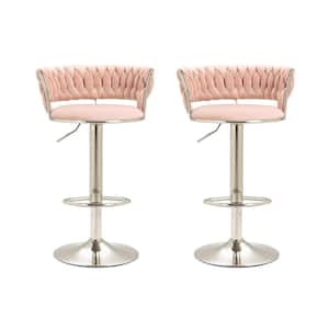 38 in. Swivel Adjustable Height Metal Frame Cushioned Bar Stool with Pink Velvet Seat (Set of 2)