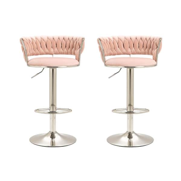 HOMEFUN 38 in. Swivel Adjustable Height Metal Frame Cushioned Bar Stool with Pink Velvet Seat (Set of 2)