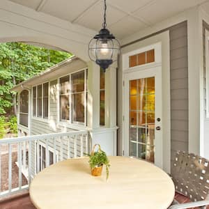 Globe Industrial Black Outdoor/Indoor Pendant Light 1-Light Porch, Hallway Cage Hanging Light with Seeded Glass Shade