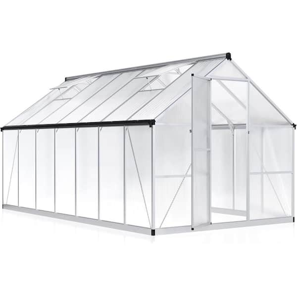 VIWAT 8 ft. W x 13.8 ft. D Greenhouse for Outdoors, Polycarbonate Greenhouse with Quick Setup Structure and Roof Vent, Silver
