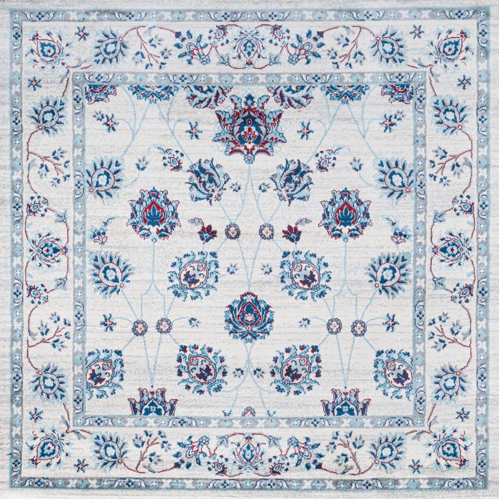 Ivory and Blue Floral Synthetic 5' Square Rug