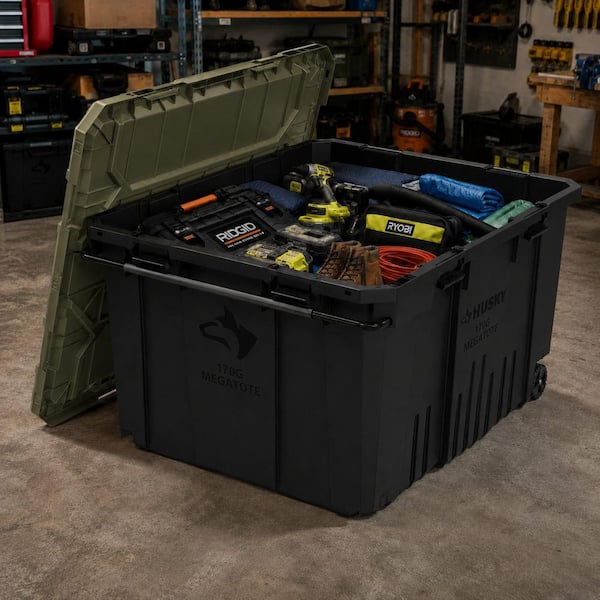 Husky 170 Gal. Pro Grip Storage Tote in Black with Army Green Lid