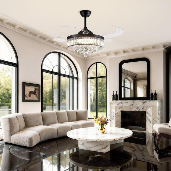 48 in. Indoor Modern Black Smart Retractable Crystal Ceiling Fan with LED Light and Remote,Downrod Mount Chandelier Fan
