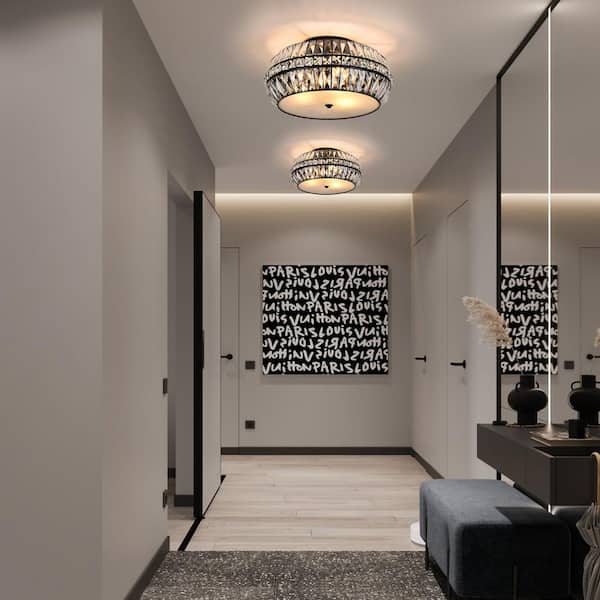 Modern 18.3 in. 3-Light Black Drum Semi-Flush Mount Ceiling Light With Irregular Crystal Shade and No Bulbs Included