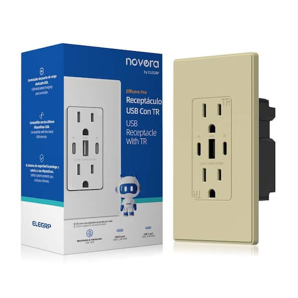 30W 6.0 Amp 3-Port USB Wall Outlet 15A Duplex Receptacle with Dual Type C and A Ports w/ Wall Plate, Matte Ivory 1-Piece