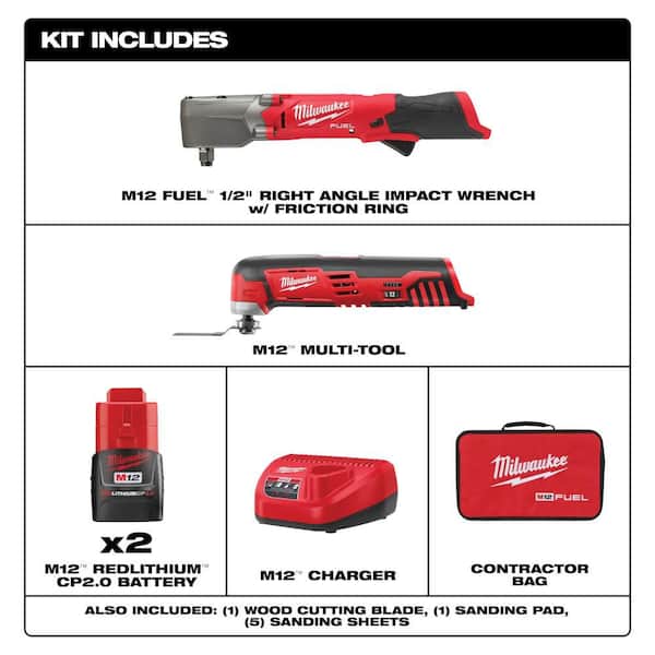 M12 FUEL 12V Lithium-Ion Brushless Cordless 1/2 in. Right Angle Impact Wrench Kit w Two 2.0 Ah Batteries & Multi-Tool