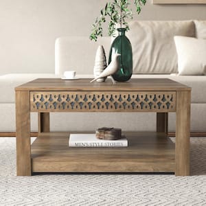 Japtur 31.5 in. Knotty Oak with Gray Stone Square Wood Top Coffee Table with Laser Cut