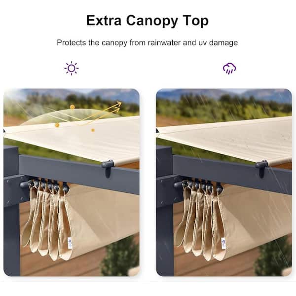 10 ft. W x 10 ft. D Patio Dark Gray Aluminum Pergola with Khaki Adjustable Sun Shelter Canopy and Extra Canopy Top