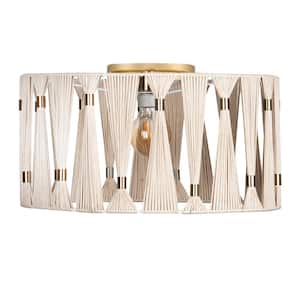 Macclenny 15 in. W x 10.43 in H 1-Light Brushed Brass Semi-Flush Mount with Beige and Brushed Brass Textile Drum Shade