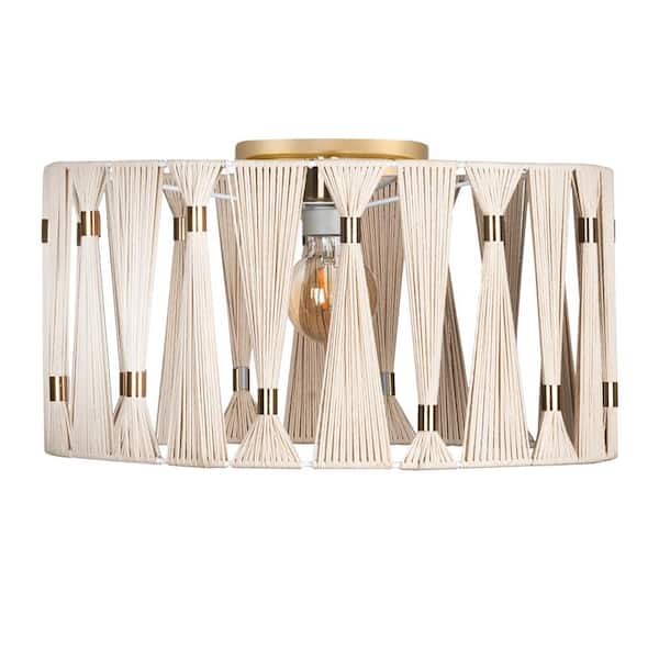 Eglo Macclenny 15 in. W x 10.43 in H 1-Light Brushed Brass Semi-Flush Mount with Beige and Brushed Brass Textile Drum Shade