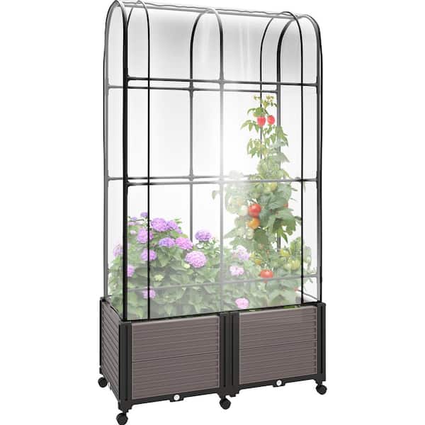 ABORON 3-in-1 Raised Garden Bed Planter Box with PVC Cover and Wheels Tomato Cage Planter Raised Garden Bed with Trellis
