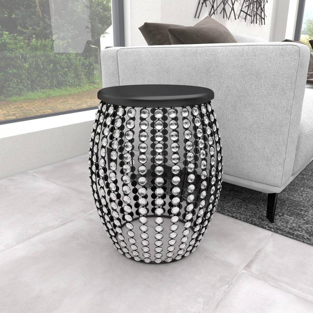 Glam Black Iron and Wood Round Accent Table with Crystal Embellishments