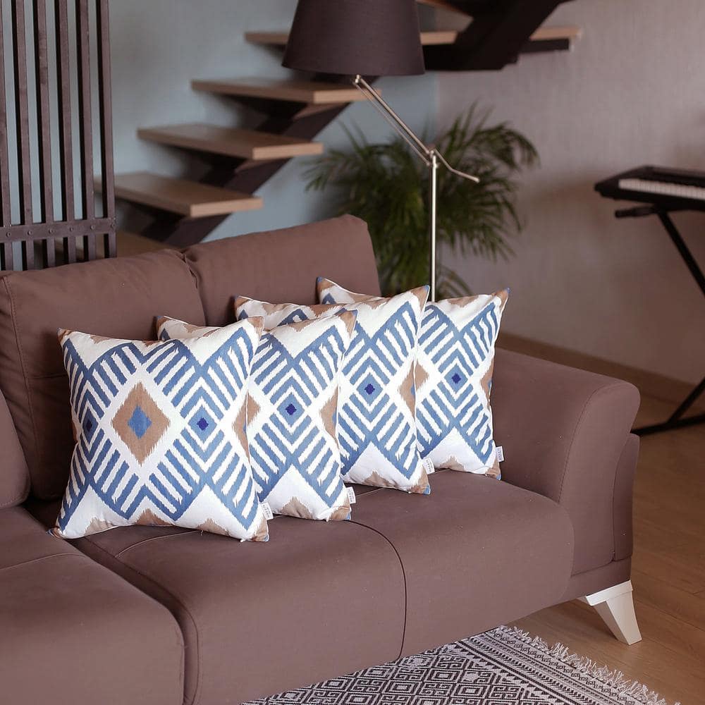 Blue and White Ikat Pattern Euro Throw Pillow Covers Set of 4