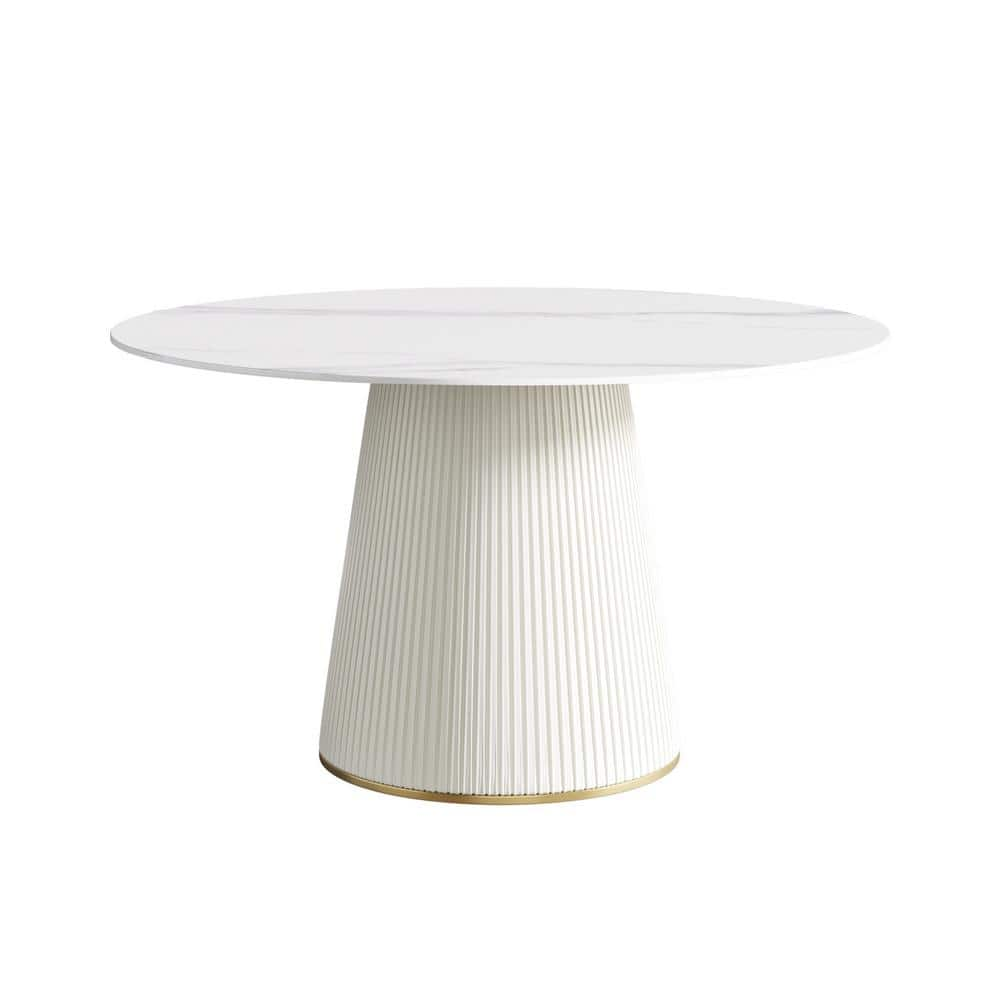 53.15 in. White Circular Rotable Sintered Stone Tabletop White Pedestal Base Kitchen Dining Table (Seats-6) -  Magic Home, MH-A-RD135W-5W