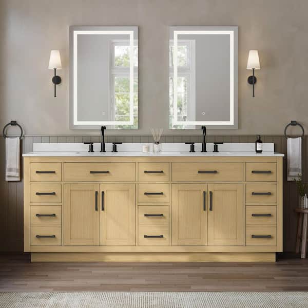 Beckett TK 84 in. Double Freestanding Rift Oak with Matte Black Trim Bath Vanity with Giotto Quartz Top