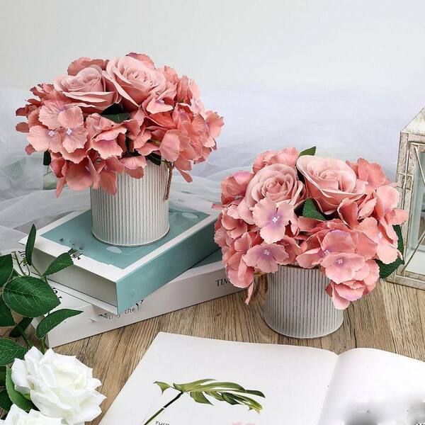 8 in. Pink Indoor Artificial Hydrangeas Floral Arrangement in