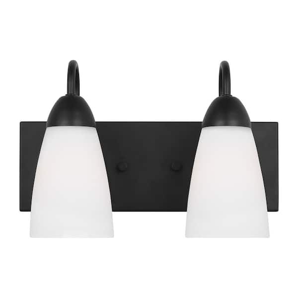 Seville 13.5 in 2-Light Midnight Black Bathroom Vanity Light with Etched White Glass Shades